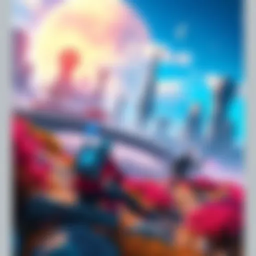 Stylish video game scene A vibrant video game scene featuring futuristic characters and colorful landscapes, emphasizing aesthetic and gameplay themes similar to Daikatana.