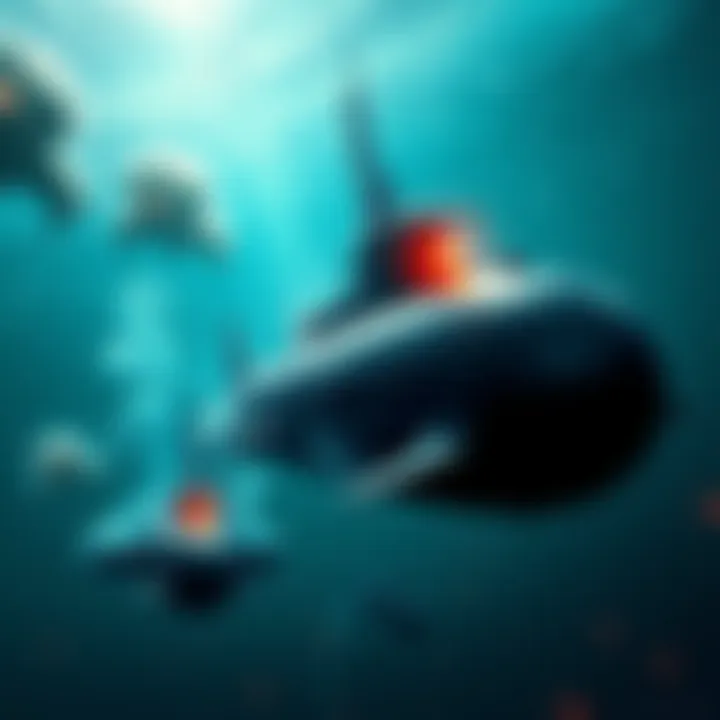 Submarine in Action A submarine engages in combat under the ocean, showcasing stealth and power.