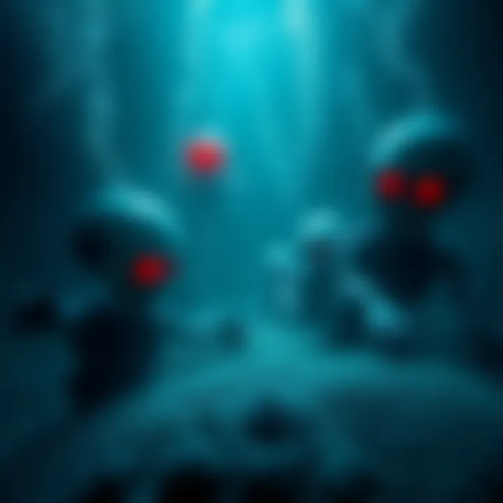 A dark underwater scene with eerie animatronics partially submerged, creating a fearsome atmosphere.