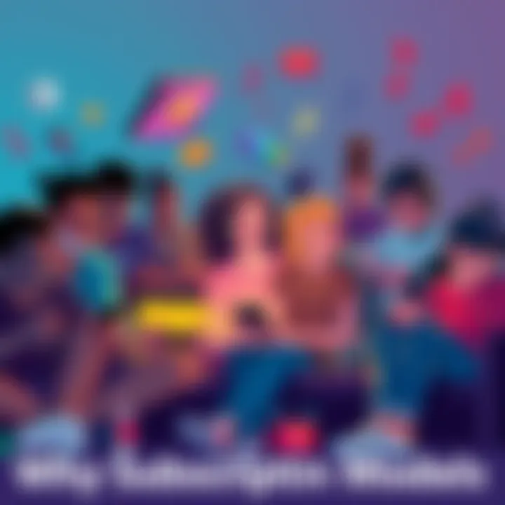 Illustration showing diverse people enjoying various subscription services like gaming, streaming, and music on their devices