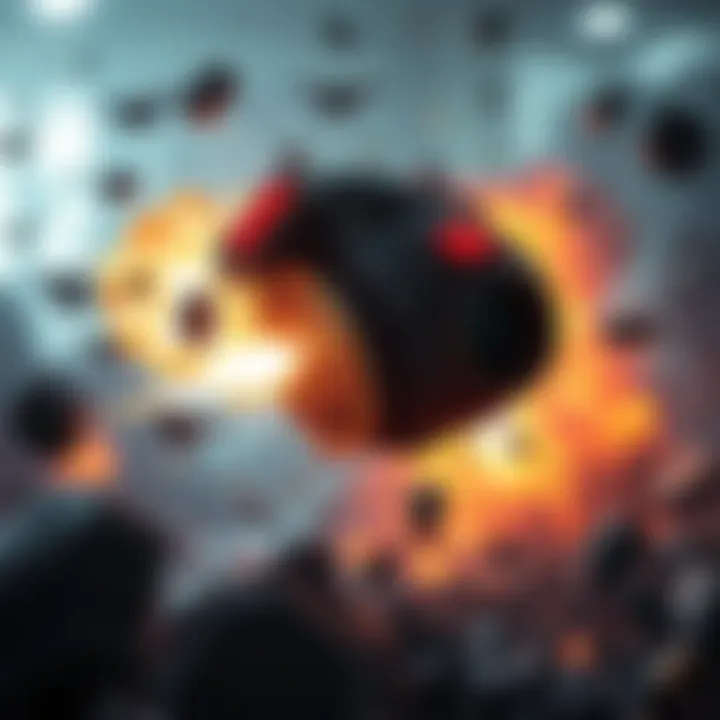 A digital illustration showing a Subspace Tripmine detonating in a game environment, with explosions and debris surrounding it.