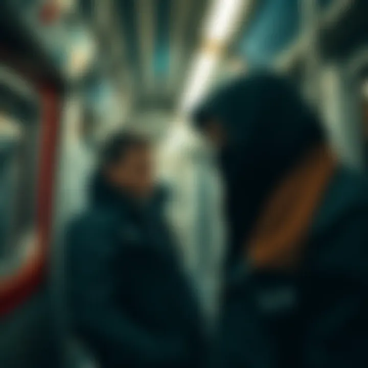 A tense moment between Leon and a mysterious stranger on a subway train, capturing the essence of unexpected encounters.