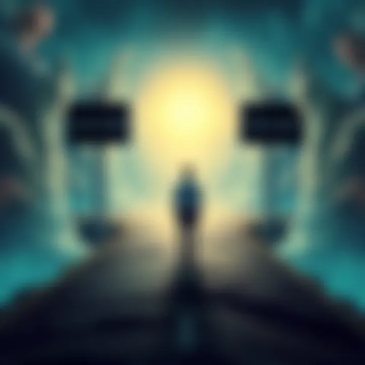 A person standing at a crossroads, contemplating paths labeled 'Success' and 'Failure'.