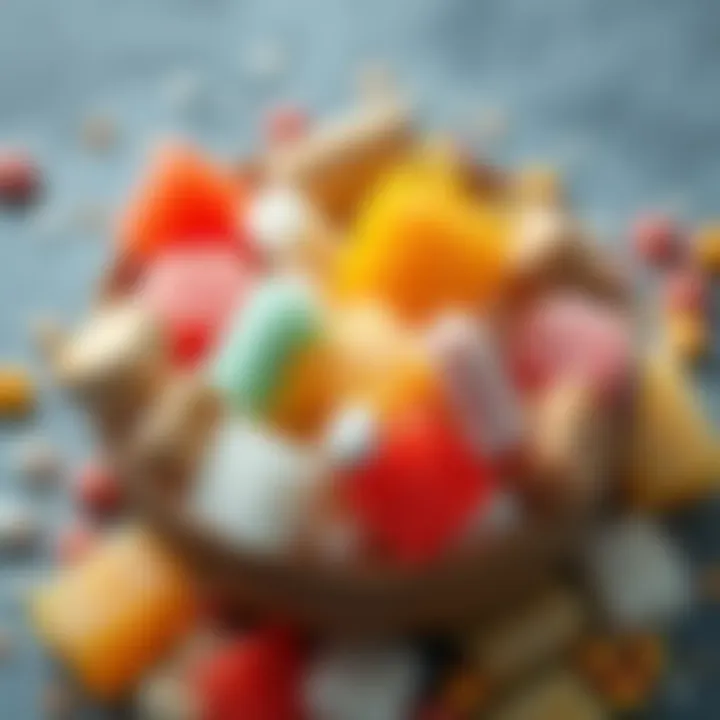Variety of colorful sugar elements arranged in a bowl, showcasing their appeal and diversity.