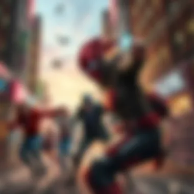 Suicide Squad Characters in Action Characters from Suicide Squad fighting against Justice League heroes in a vibrant urban setting