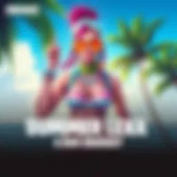 A colorful illustration of Summer Lexa skin featuring a character in beach attire with sunglasses and a tropical background. Exciting summer vibes and a price tag of 800 Vbucks are highlighted.