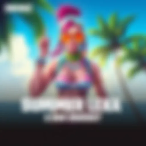A colorful illustration of Summer Lexa skin featuring a character in beach attire with sunglasses and a tropical background. Exciting summer vibes and a price tag of 800 Vbucks are highlighted.