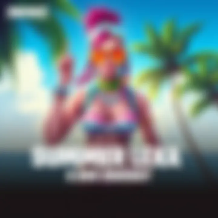 Summer Lexa Skin Promotion A colorful illustration of Summer Lexa skin featuring a character in beach attire with sunglasses and a tropical background. Exciting summer vibes and a price tag of 800 Vbucks are highlighted.