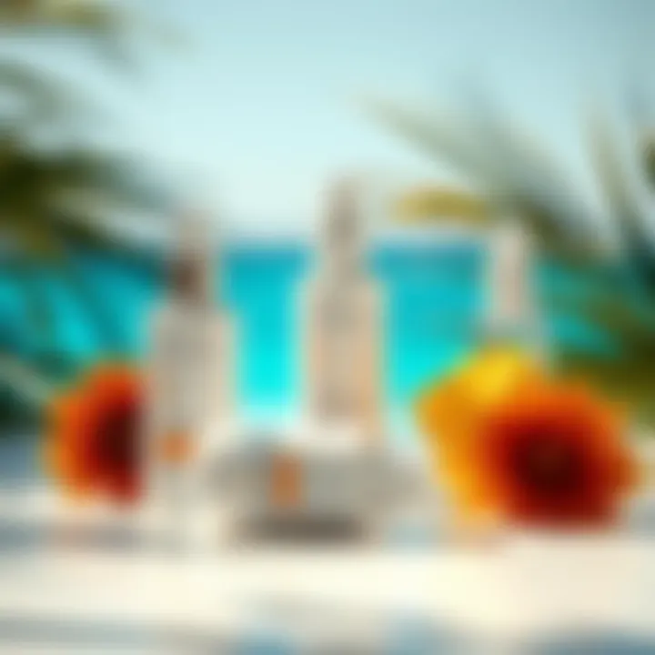 A collection of summer skincare products including sunscreen, lotion, and a facial mist on a bright surface