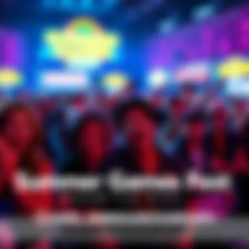 Fans eagerly awaiting game announcements at Summer Games Fest, with game logos and excited expressions.