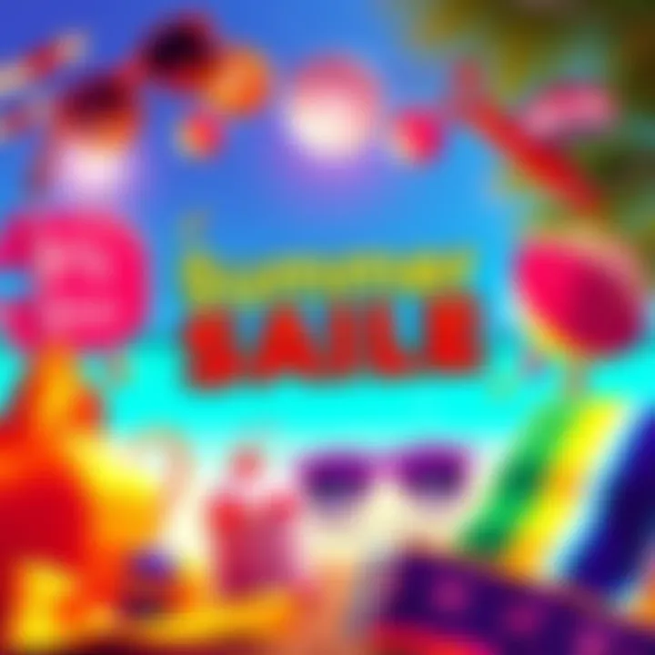 A vibrant banner showcasing summer sale items like sunglasses, beach towels, and discounts