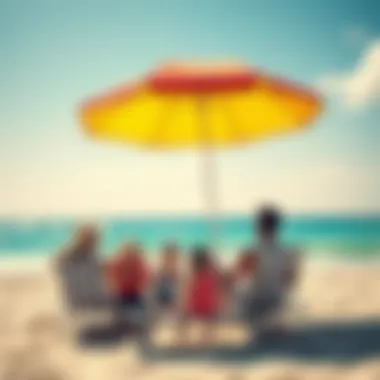 A family enjoying a summer vacation at a beach with sun, sand, and a beach umbrella, showcasing affordable travel options.