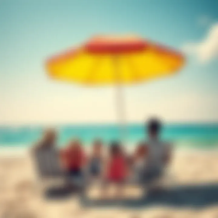 A family enjoying a summer vacation at a beach with sun, sand, and a beach umbrella, showcasing affordable travel options.
