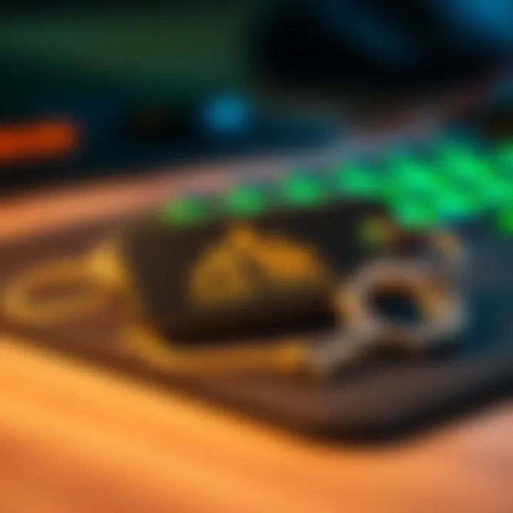 A close-up of a Summit Access Room Key with a mountain logo, resting on a gaming mouse pad, hinting at hidden treasure.