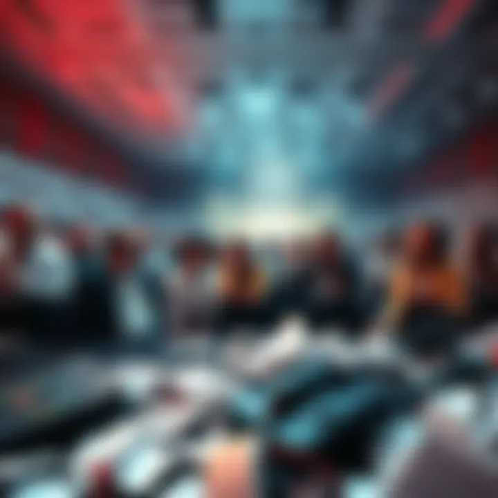 Attendees looking shocked as the summit event crashes down, with broken equipment and scattered papers around.