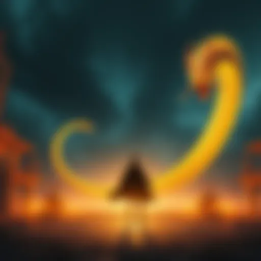 A person stands in a mystic setting, calling forth a giant serpent with a shimmering body, surrounded by ancient symbols.