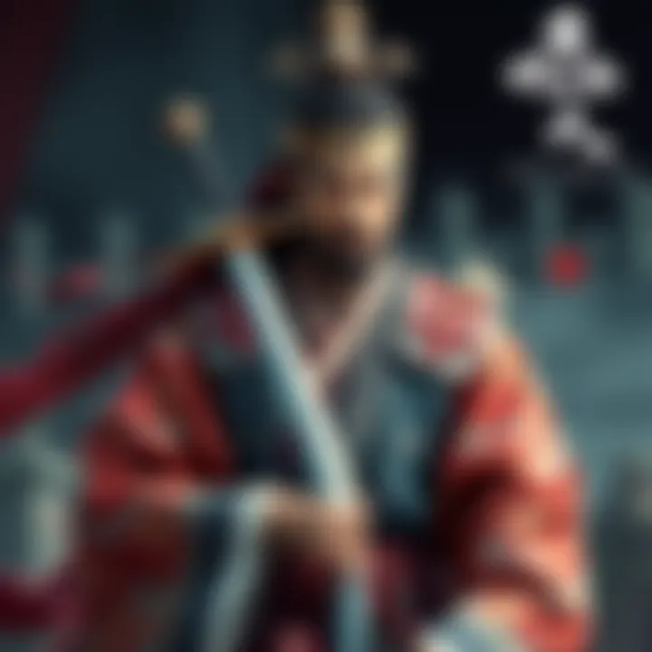 Sun Quan depicted in royal attire, holding a sword, symbolizing his leadership over Wu during ancient times.