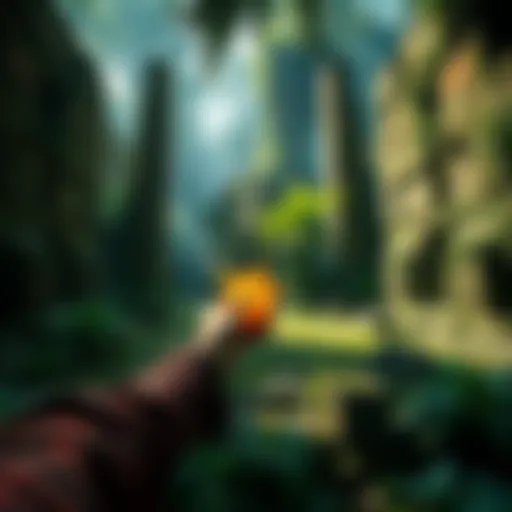 Player holding a sun face fragment in a lush green environment surrounded by ancient ruins
