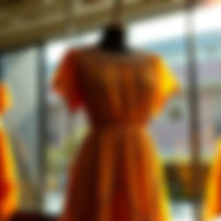 A vibrant dress called Sun In Splendour, featuring golden chains and bright colors, showcased on a mannequin with sunlight reflecting off it.