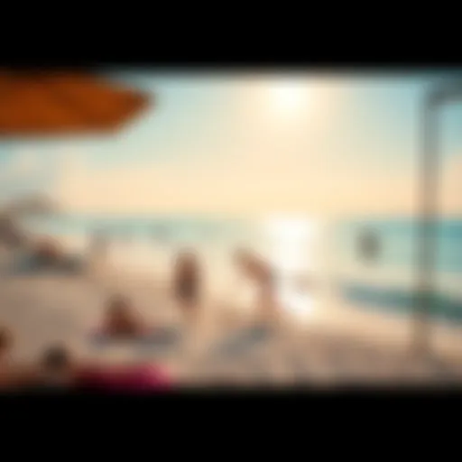 A bright, sunny beach scene featuring families and friends having fun in the sand and water