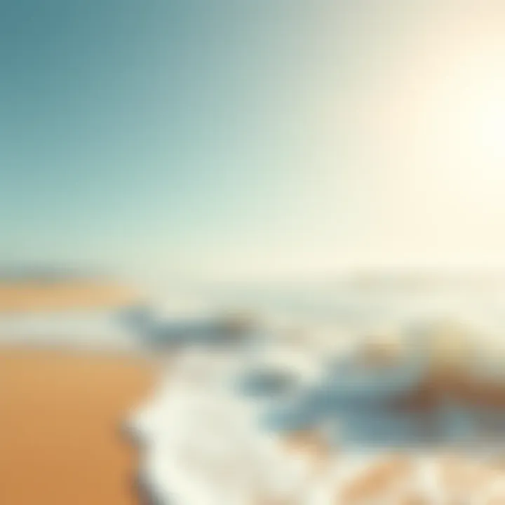 A sunny beach scene featuring golden sand, gentle waves, and beachgoers enjoying the day.