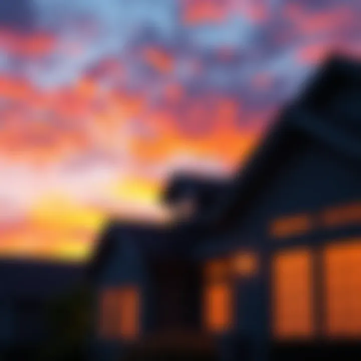 A beautiful sunset with vibrant colors illuminating the sky just outside a home, showcasing the tranquility of the evening.