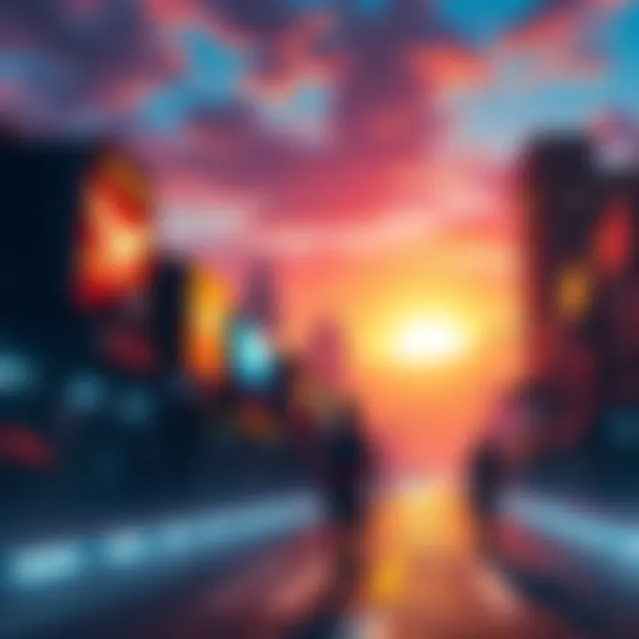 A vibrant cityscape with a sunset backdrop, featuring futuristic elements and characters in action, hinting at a remastered game