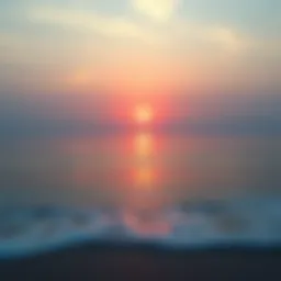 A serene sunset view over a calm beach, symbolizing reflection and change as waves gently lap at the shore.