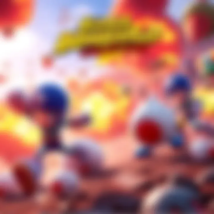A screenshot from the Super Bomberman Collection launch trailer showing colorful explosions and characters on the battlefield of Nintendo Switch 2