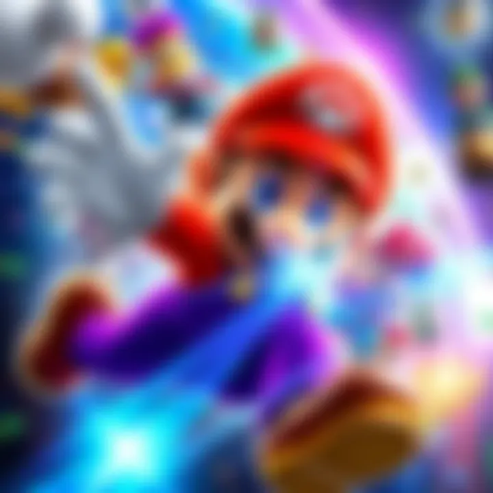 A colorful movie poster featuring Mario and various characters from the Super Mario Galaxy game, showcasing dynamic action and vibrant visuals.