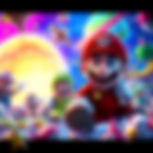 A vibrant scene showing Mario and friends in a fantastical world filled with stars and planets, showcasing bright colors and playful elements.