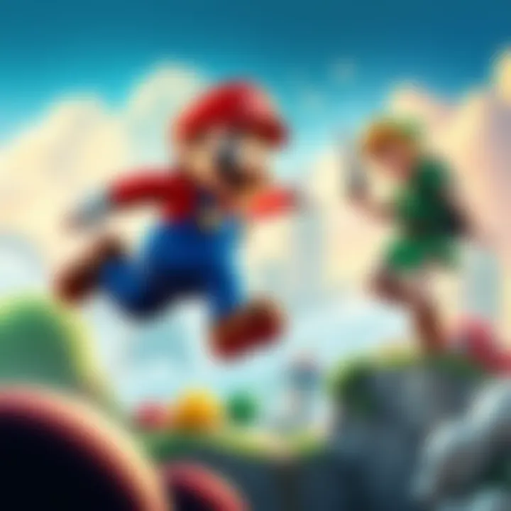 Super Mario jumping in a colorful world next to Link exploring a fantasy landscape.