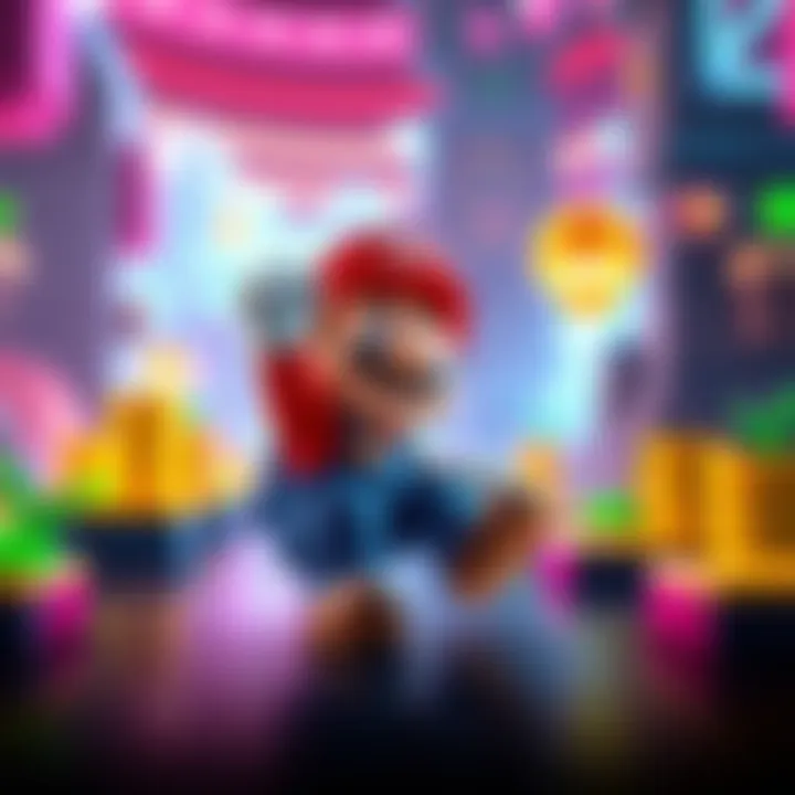 Concept art showcasing Mario in a vibrant game level with creative tools