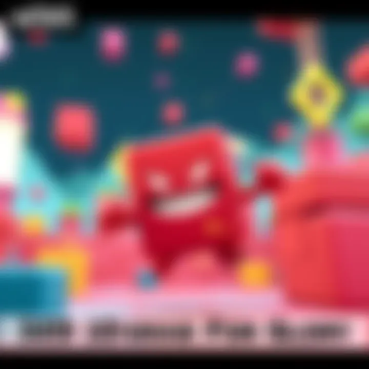 An animated character resembling a small, square meat block with a determined expression jumping in a colorful 3D platform environment.