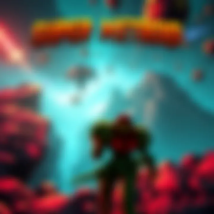 A screenshot of Super Metroid showing Samus Aran navigating an alien landscape with various power-ups visible on the screen.