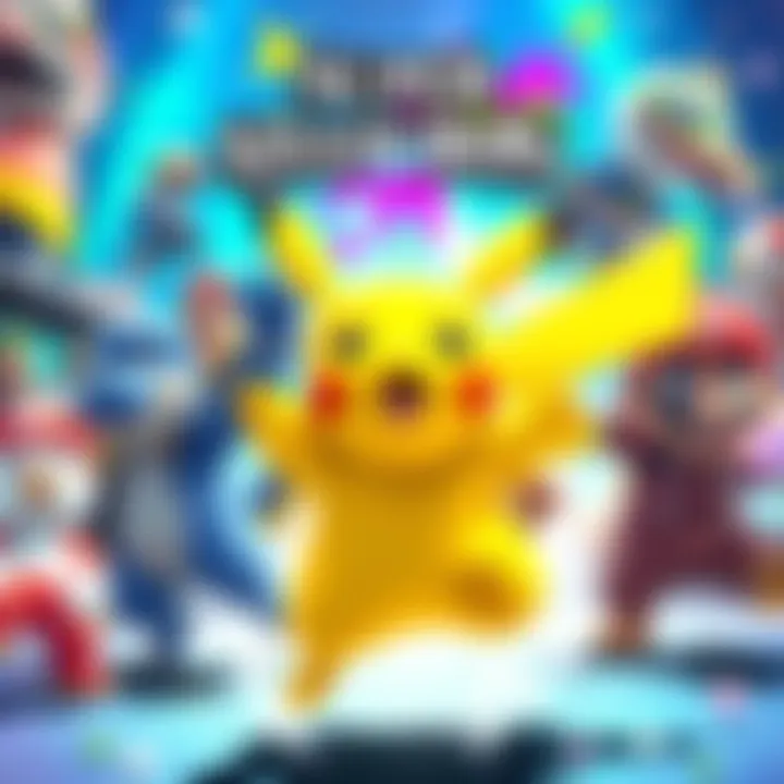 A vibrant scene featuring Pikachu and other characters from Super Smash Bros. showcasing an energetic video game commercial.