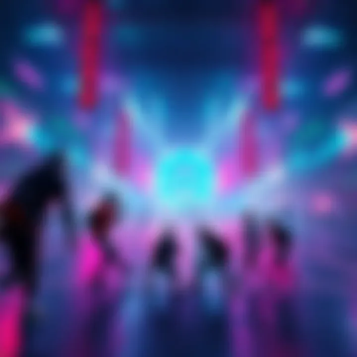 A vibrant scene from Superball showcasing a neon-lit cyberpunk arena with players competing in a 3v3 match.