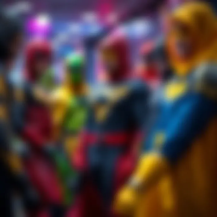 A variety of colorful superhero costumes displayed for choice at an event.