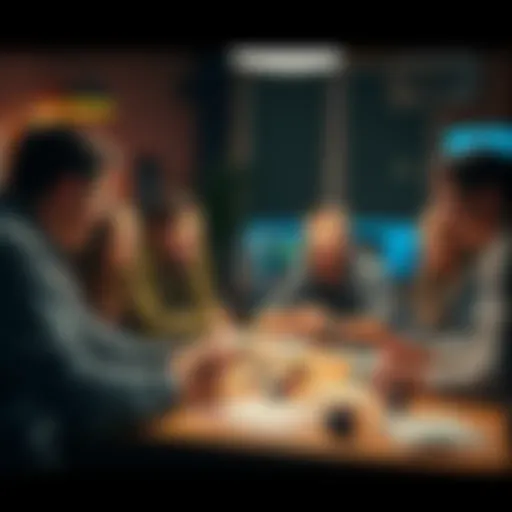 A group of friends gathered around a table, excitedly discussing ideas for a superhero gaming campaign with character sheets and dice scattered about.