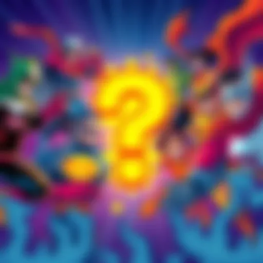 Colorful illustration of various superheroes with a question mark, inviting people to guess who they are.