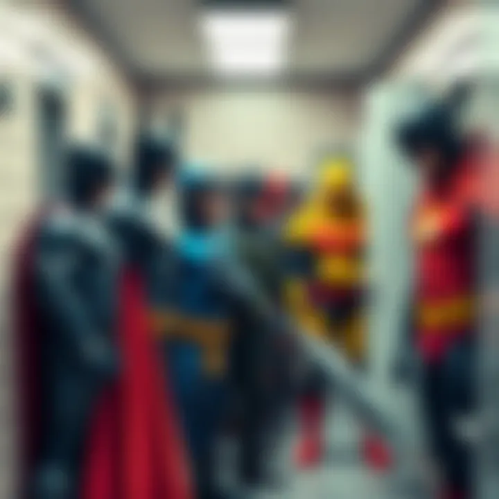 Superheroes in a Bathroom Line A group of superheroes waiting in line at a bathroom, each displaying their unique expressions and styles, with some appearing impatient and others relaxed.