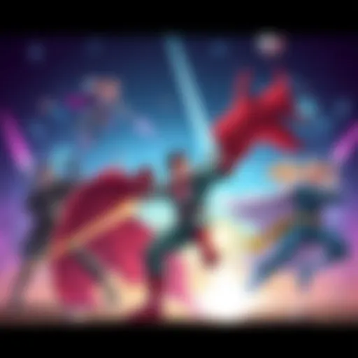 A vibrant illustration of superheroes engaged in turn-based combat, inspired by classic RPG styles like Final Fantasy, featuring colorful character designs and action effects.