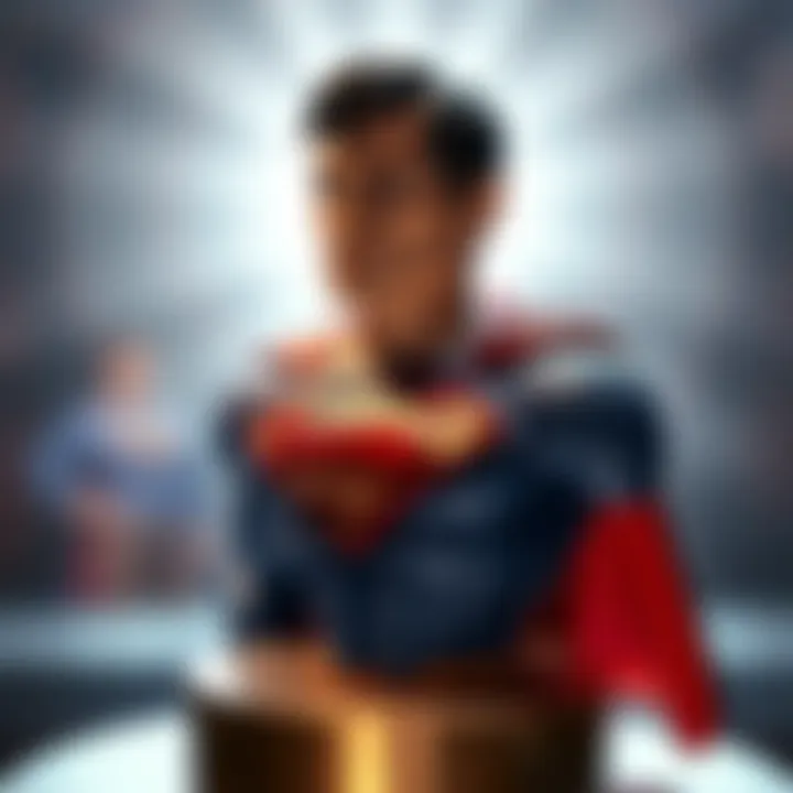 A close-up of an iconic Superman action figure displayed on a pedestal with a bright background, inviting offers from collectors.
