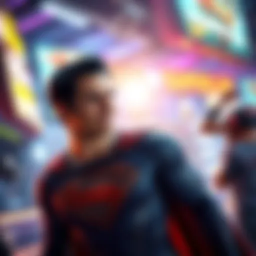 A player character wearing a new Superman skin in a vibrant game setting, showcasing excitement and activity