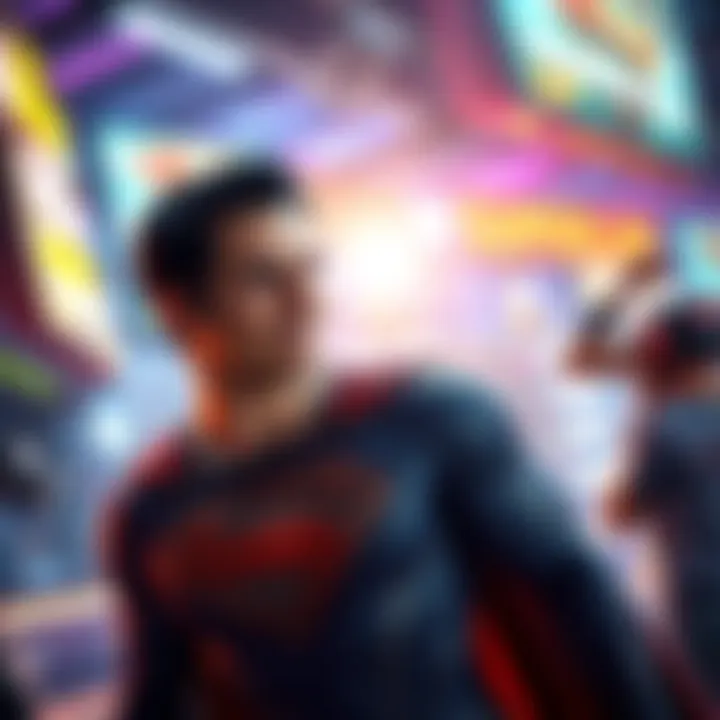 A player character wearing a new Superman skin in a vibrant game setting, showcasing excitement and activity