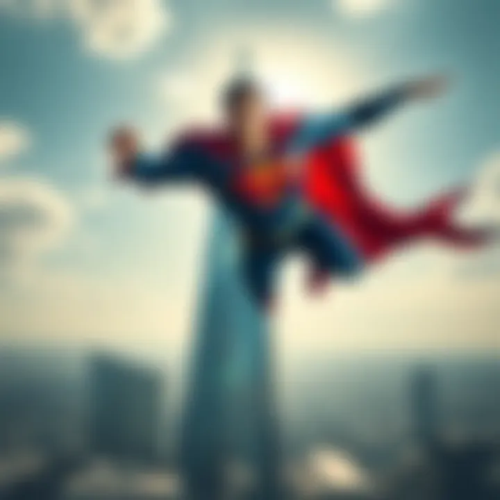 A Superman statue flies over The Shard in London, promoting an upcoming movie.