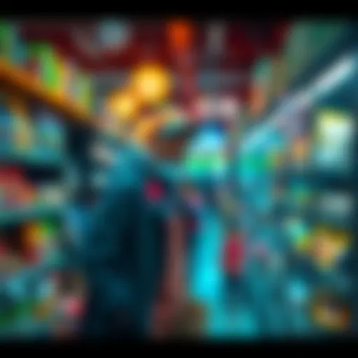 A colorful supermarket with a quirky shopkeeper managing the shelves while amusing NPCs create chaos around the store.