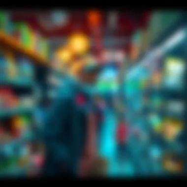 Supermarket Scene A colorful supermarket with a quirky shopkeeper managing the shelves while amusing NPCs create chaos around the store.