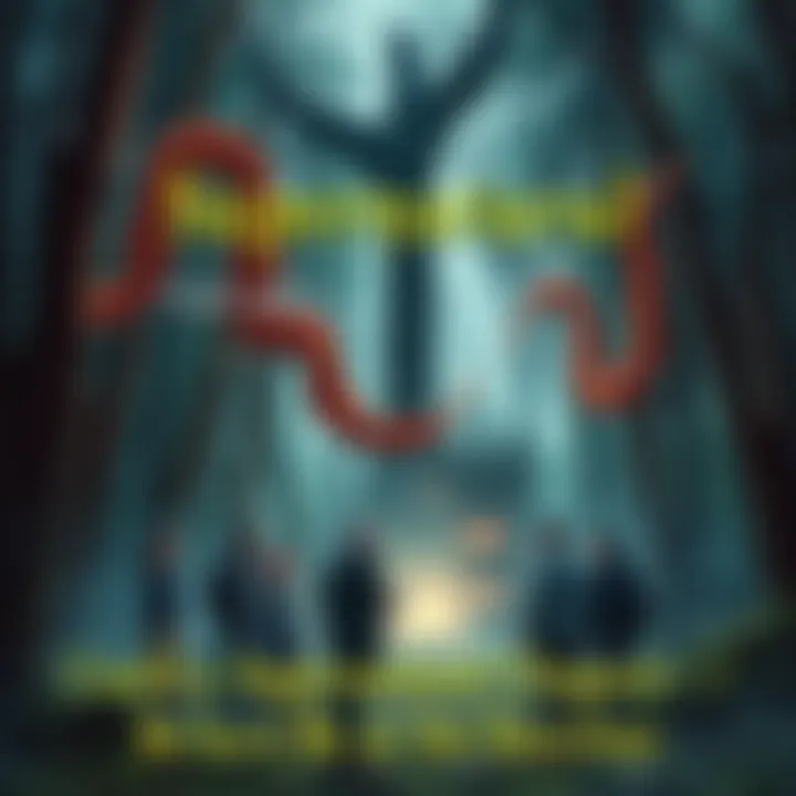 A book cover featuring ghosts and creatures in a mystical forest setting with people discussing around it