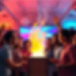 A group of diverse people celebrating the launch of Supertf's innovative technology with excitement and energy, showcasing creative designs and bright colors around them.